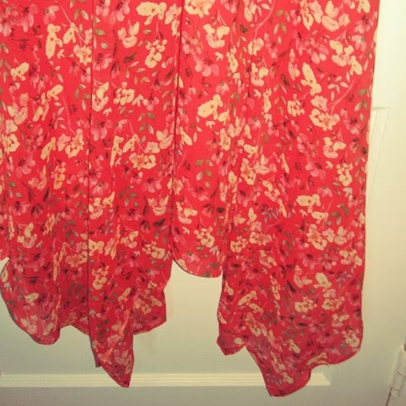 Sam Edelman Orange Coral Floral Sleeveless Smocked Handkerchief Hem dress Sz L - Picture 9 of 15